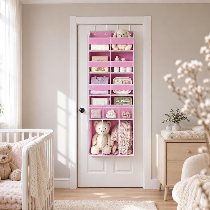 Extra Large Over The Door Organizer with Clear Pockets - 8 Compartments & XL Bottom Storage, Heavy-Duty Hanging Organizer for Bathroom, Bedroom, Closet (57 Inch Height). (Pink)