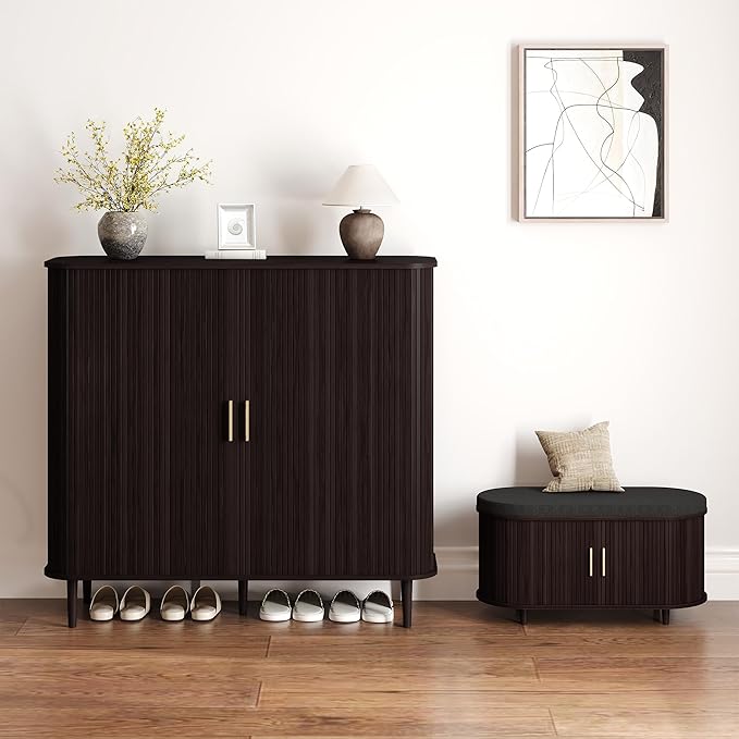 DHH Shoe Storage Cabinet with Sliding Door, 6-Tier Shoe Cabinet with Adjustable Shelves, Modern Freestanding Shoe Storage Organizer for Entryway, Hallway, Living Room (Dark Walnut, 47 ")