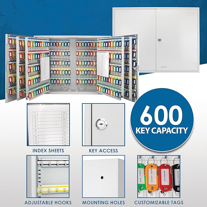 Barska 600 Position Key Cabinet โ Wall Mount Key Safe with Numbered Hooks, Index Log Sheet, Colored Tags, Adjustable Dividers, Steel Construction for Office, Commercial Use- Key Box - key organizer