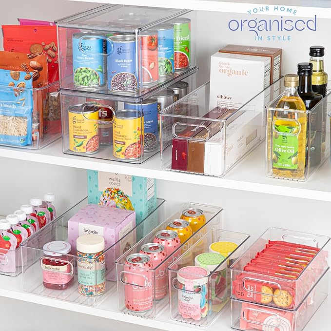 Plastic Food Storage Clear Container Bin with Handles for Organizing Kitchen, Pantry, Fridge, Freezer, Pantry,Bathroom. 16"x4"x5"