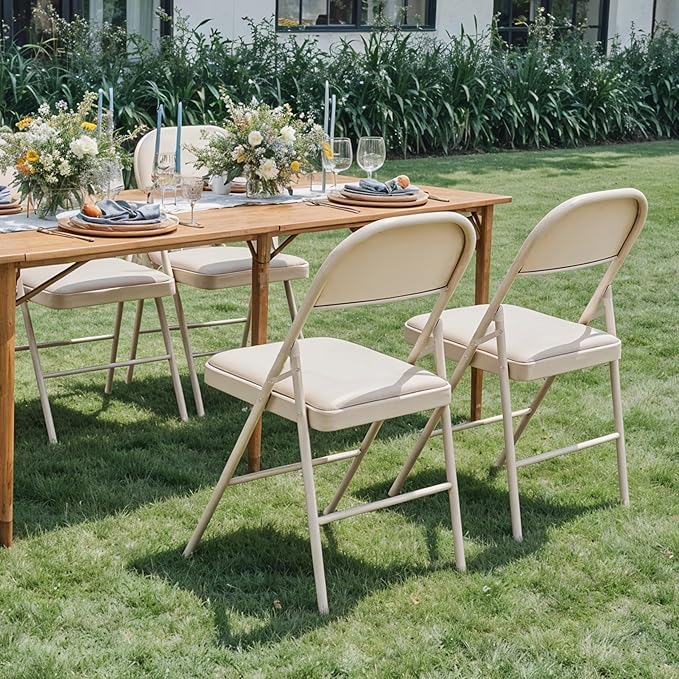 Simple Deluxe 2 Pack Folding Chairs, Plush Padded Leather Seats, Reinforced Metal Frame | Lightweight Collapsible Seats for Home, Office & All Occasions, Khaki