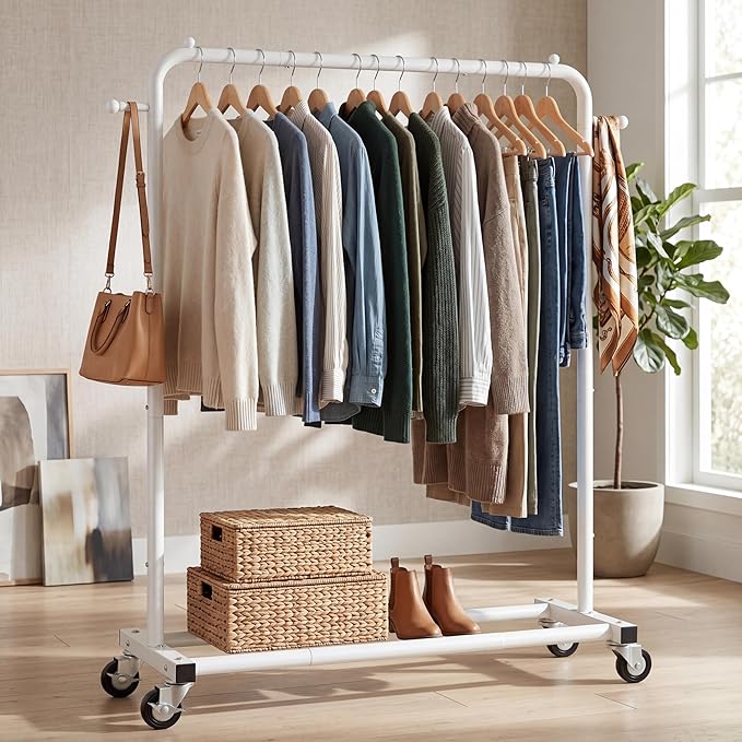 Sywhitta Clothing Rack on Wheels with Storage Shelf & Sturdy Metal Frame, Retail Clothing Rack for Hanging Clothes, Coats, Skirts,Space-Saving Mobile Organizer for Closet, Bedroom, Laundry Room, White