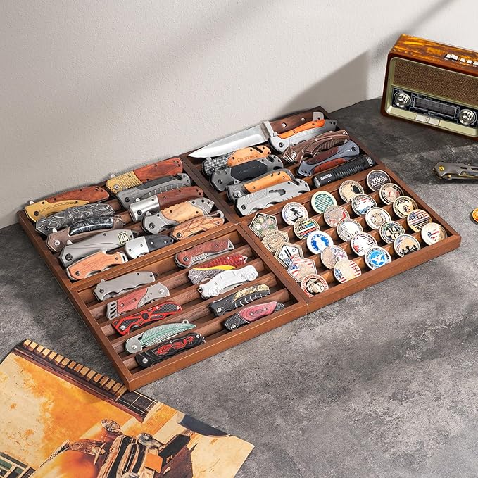 Large Pocket Knife Display Case Knife Holder for Pocket Knife Case Storage, Edc Tray Fits Edc Flashlight (Walnut,1 Pack)