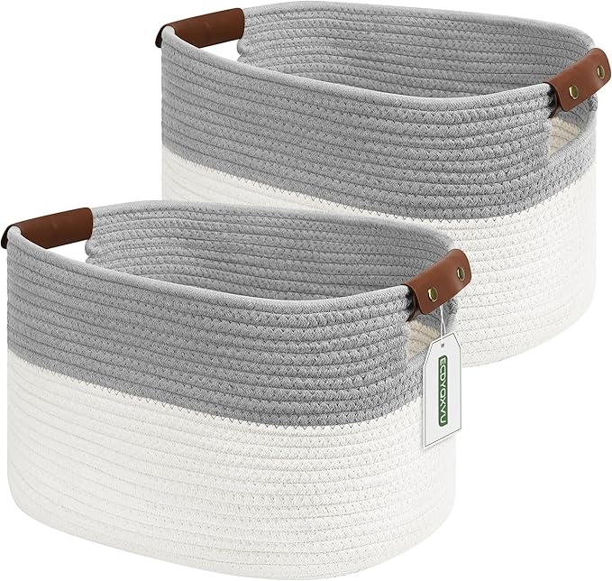 ECDYQXVU Cotton Rope Storage Baskets,15x10x9 in,Foldable Storage Bins, Decorative Woven Basket Cube Storage Organizer for Laundry, Towel, Clothes (White/Grey-2Pack, 15x10x9 inches)