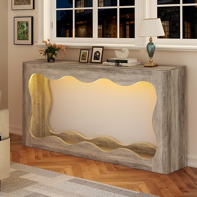 Vongrasig 63-Inch Farmhouse Entryway Table with Light Strips, Scalloped Console Table with Built-in Storage, Narrow Long Behind Couch, Wooden Curvilinear Sofa Table for Entrance, Hallway, Grey