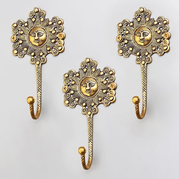 Indian Shelf 33Lb. 3 Pieces Decorative Gold Sunflower Hooks Brass Wall Key Holder Vintage Golden Home Decor Sun Wall Coat Hook