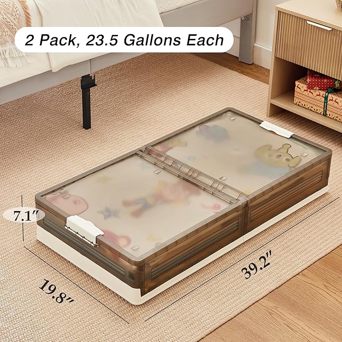 VECELO Under Bed Storage with Wheels, 2 Pack Stackable Under Bed Storage Containers, Underbed Storage Containers with Lids, Plastic Foldable Folding Box for Clothes Shoes, Grey