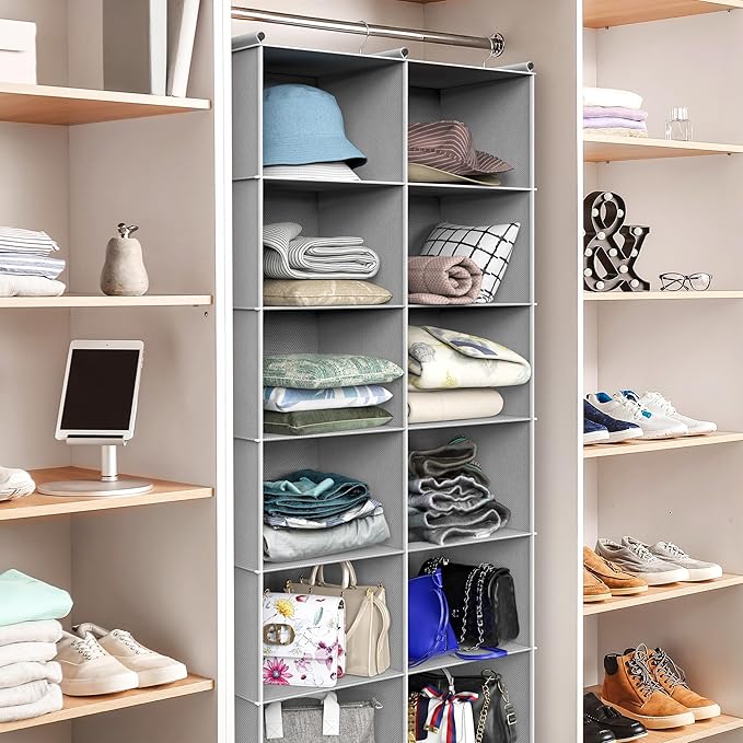 Simple Houseware 6 Shelf Double-Wide Hanging Closet Organizer, 12 Large Shelves Total, Gray