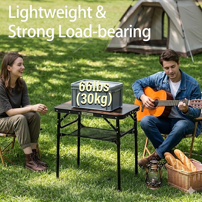 Folding Picnic Table 2ft Portable Camping Table Adjustable Heights Metal Aluminum Lightweight Foldable Small Card Table with Carry Handle for Indoor Outdoor Camp RV BBQ Beach
