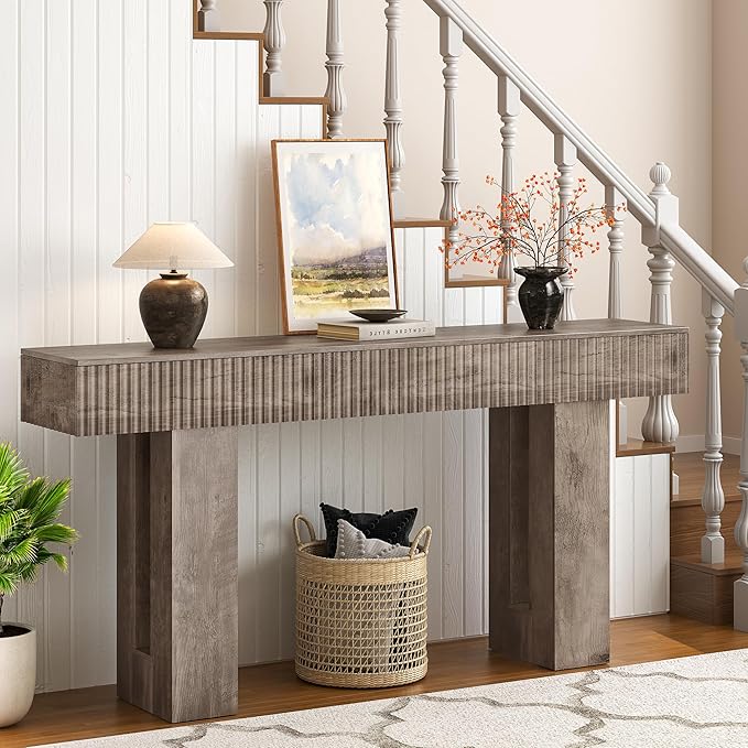 63-Inch Long Entryway Console Table with a Fluted Design, Thick Wood Farmhouse Sofa Table Behind Couch, Narrow Hallway Accent Table for Living Room, Foyer, Entrance,Grey