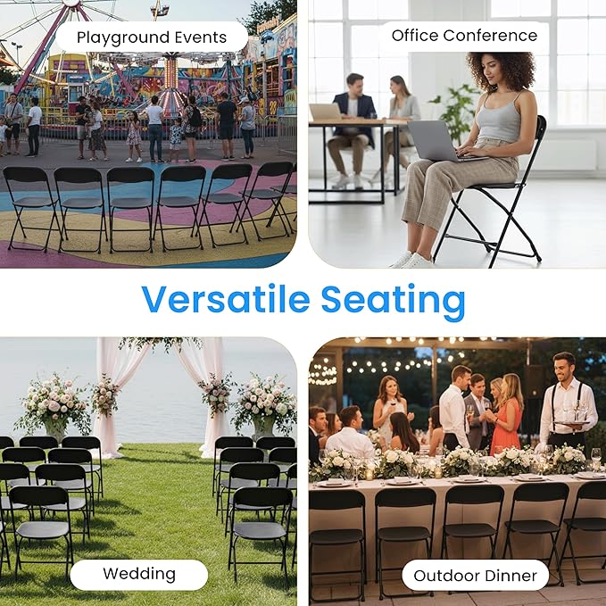 Simple Deluxe 6-Pack Folding Chairs Plastic, Foldable Stackable Portable Chairs with Metal Frame 330lb Capacity, for Indoor Outdoor Use, Commercial Event Chairs for Party, Wedding, Office, Black