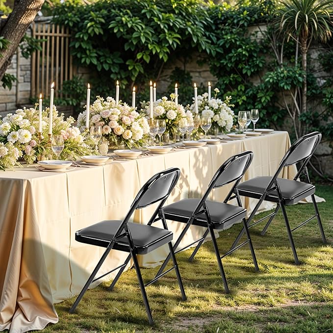 Simple Deluxe 4 Pack Folding Chairs with Leather Padded Cushion Seats & Durable Metal Frame, Comfortable, Foldable, Portable, Commercial Event Seat, Indoor Outdoor for Parties, Home, Office, Black
