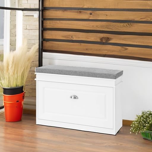 Haotian Shoe Storage Bench with Cushion, White Narrow Shoe Rack for Entryway, Small Shoe Cabinet with Flip-Drawer, Closet Hallway Mudroom FSR82-L-W