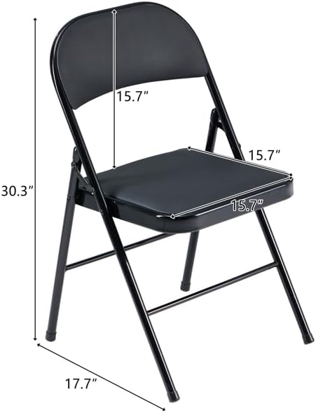 Simple Deluxe 6 Pack Folding Chairs with Leather Padded Cushion Seats & Durable Metal Frame, Comfortable, Foldable, Portable, Commercial Event Seat, Indoor Outdoor for Parties, Home, Office, Black