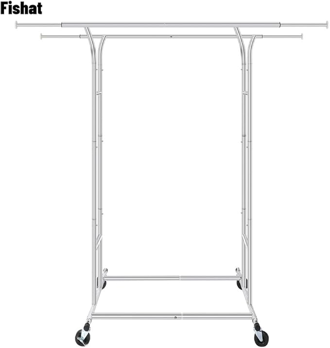 Fishat Silver Heavy Duty Double Rod Garment Clothes Rack for Hanging Clothes Chrome, Commercial Rolling Organizer Commercial Metal with Lockable Wheels Mobile for Coats Dresses