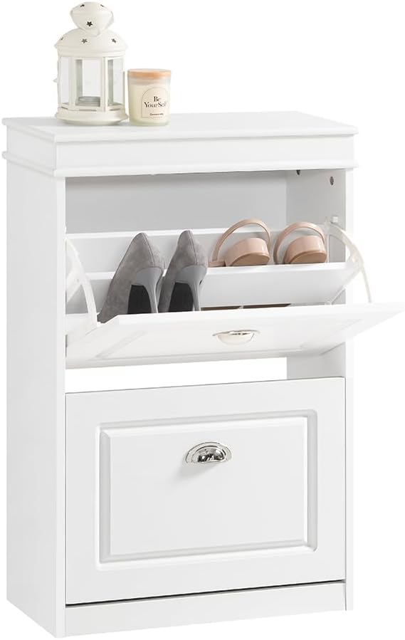 Haotian Small Shoe Cabinet, White 2 Flip Drawers Freestanding Shoe Rack, Shoe Storage Cupboard Organizer (9.45" D x 20.87" W x 32.28" H), FSR78-W