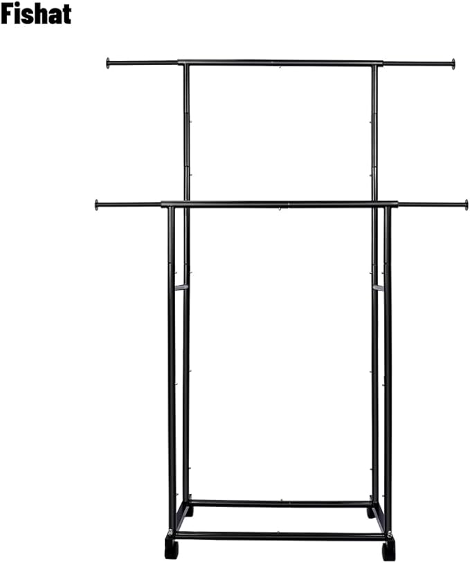 Fishat Black Simple Standard 2 Double Rod Clothing Metal Garment Rack for Hanging Clothes, Rolling Clothes Organizer with Mobile Lockable Wheels