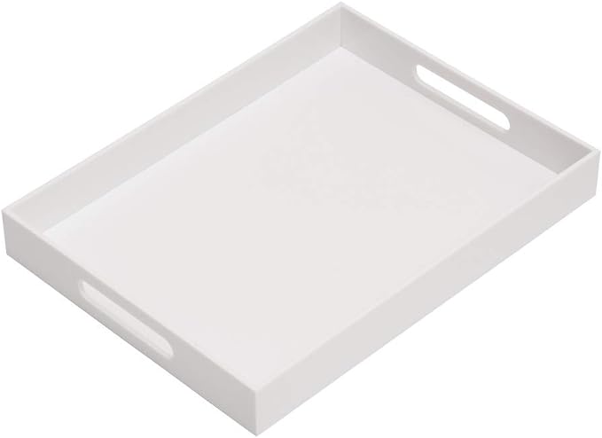 KEVLANG Glossy White Acrylic Serving Tray, 12x16Inch, Sturdy Kitchen Countertop Organizer, Decorative Vanity Table Tray, Ottoman Tray, 3/16 inch Thickness