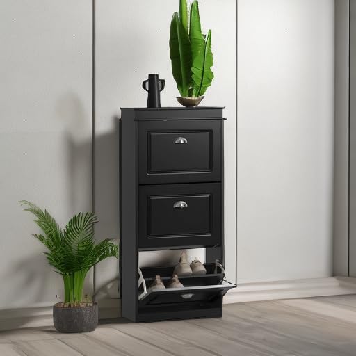 Haotian FSR94-SCH, Black Shoe Cabinet with 3 Flip Drawers, Freestanding Shoe Rack, Shoe Storage Rack(9.4" D x 20.9" W x 46.1" H)