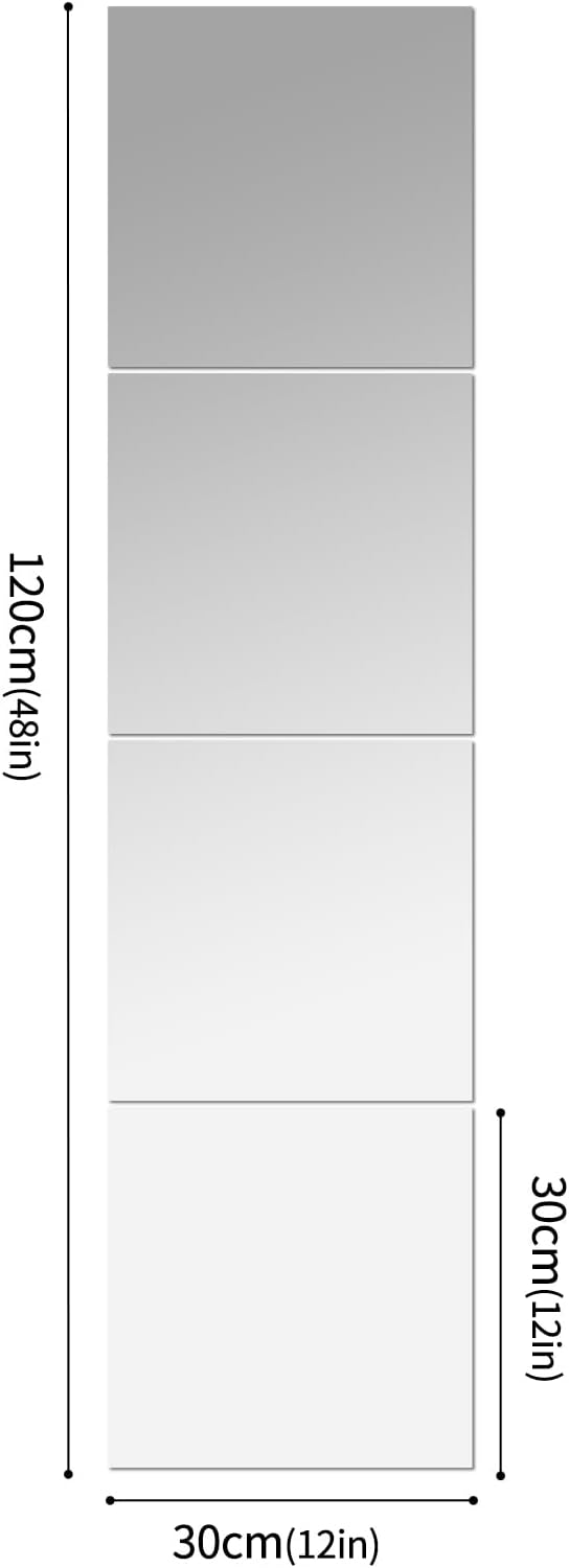 JEOYOO HD Glass Full Length Wall Mirror Tiles, 12'' x 12'' x 4PCS, Frameless Full Body Mirror Tiles for Bedroom, Full Length Mirror Wall Mounted for Home Gym, Gift Ideas