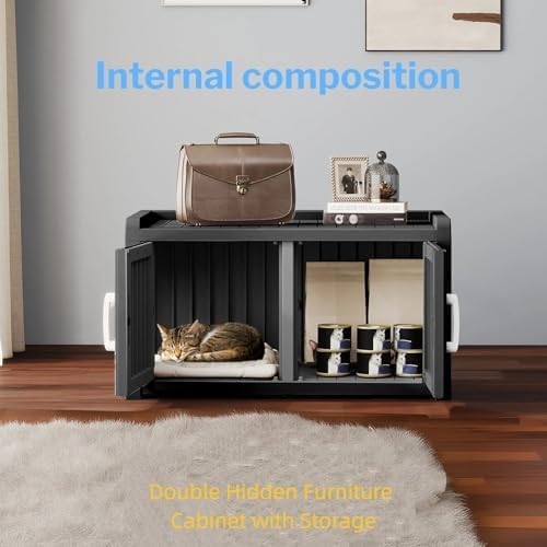 2 Doors Shoe Storage Bench - 2 Side Door Hidden Furniture Cabinet with Storage, Waterproof Entryway Bench with Seat for Indoor Outdoor, Outdoor Shoe Bench for Bedroom, Hallway, Black