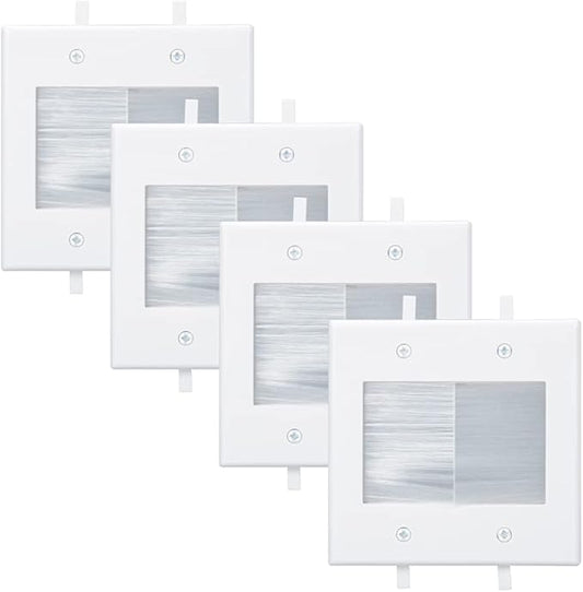 2 Gang Brush Wall Plate, White 2-Gang Wall Plate with Low Voltage Mounting Bracket for Cable Pass Through (Pack of 4)