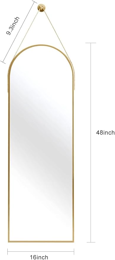 16"x48" Hanging Mirror with Leather Strap,Arched Full Length Mirror with Aluminum Frame Wall-Mounted Hanging Mirrors for Bathroom Vanity Living Room Bedroom Entryway Décor, Gold