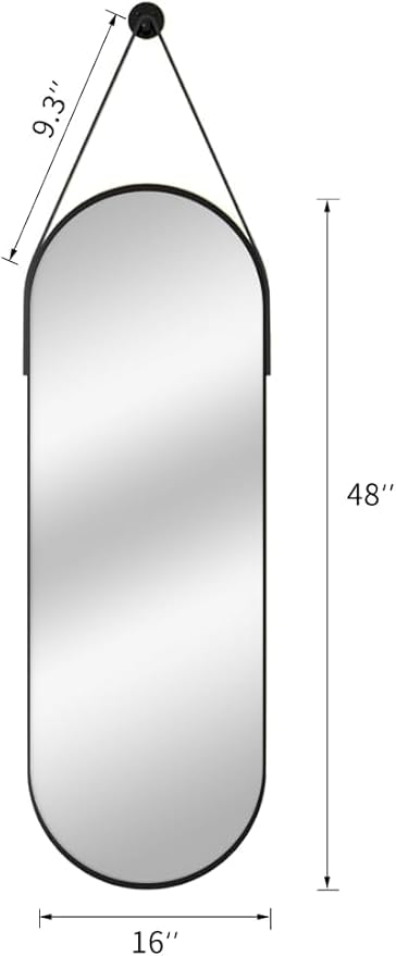 48"x16" Hanging Mirror Full Length with Leather Strap,Oval Full Length Mirror Wall-Mounted Hanging Mirrors for Bathroom Vanity Living Room Bedroom Entryway Décor, Black