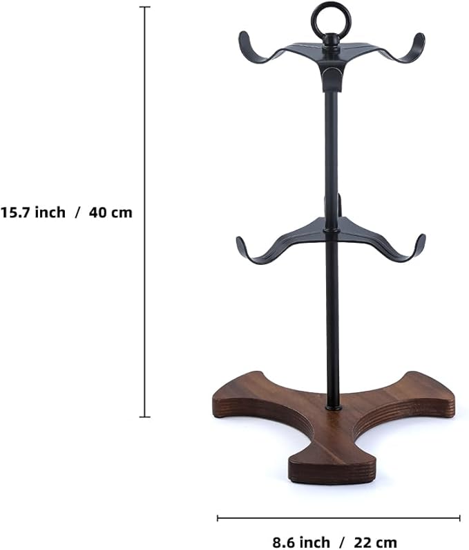 2-Tier Mug Tree Holder for Countertop - Matte Black Metal Coffee Cup Stand with Wood Base - Industrial 6-Hook Mug Rack Organizer for Kitchen Coffee Bar, Modern Farmhouse Decor
