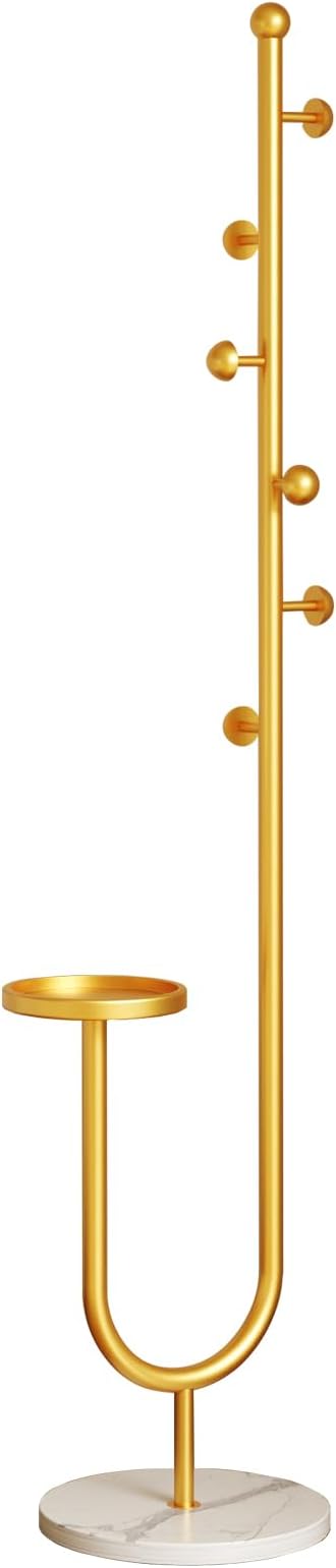 Coat Rack,Metal Free Standing Coat Stand with marble base, Hall Coat Tree with 6 Hooks and Storage Tray,68.9 Inch Tall, for Coats, Hats, Bags, for Entryway, Hallway, Bedroom