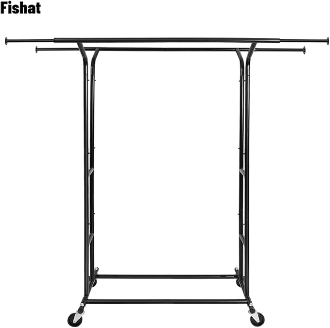 Fishat Black Heavy Duty Double Rod Garment Clothes Rack for Hanging Clothes, Rolling Organizer Commercial Metal with Lockable Wheels Mobile for Coats Dresses