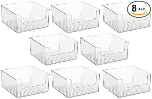 mDesign Plastic Modern Wide Open Front Dip Storage Organizer Bin Basket for Household Organization - Shelves, Cubby, Cabinet, and Closet Organizing Decor - Ligne Collection - 8 Pack - Clear