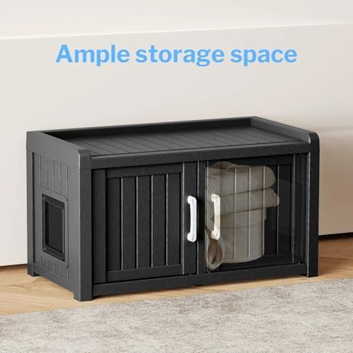 2 Doors Shoe Storage Bench - 2 Side Door Hidden Furniture Cabinet with Storage, Waterproof Entryway Bench with Seat for Indoor Outdoor, Outdoor Shoe Bench for Bedroom, Hallway, Black
