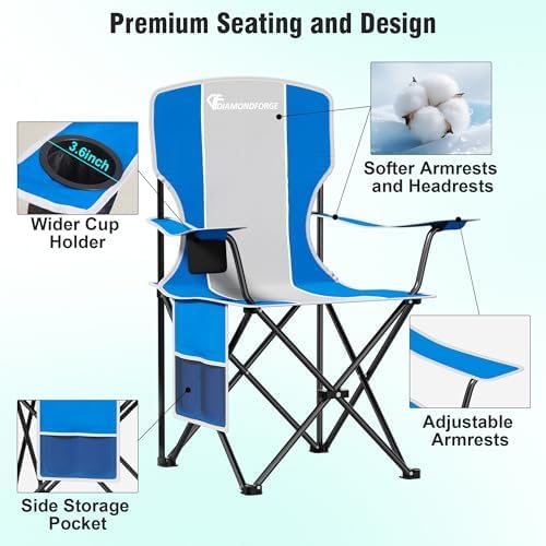 Camping Chairs, 2 Packs 300 LBS Capacity High Back Camping Chair, Portable Outdoor Lawn Chairs Folding with Cup Holder for Picnic, Lawn, Beach, Fishing and Sports (Blue Grey)