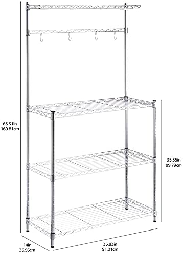 Amazon Basics 3 Tier Sturdy Baker's Rack with Kitchen Storage, Storage Shelf, Utility Storage, Removable Top, Hanging Bar, 14" x 35.83" x 63.31", Wood/Chrome