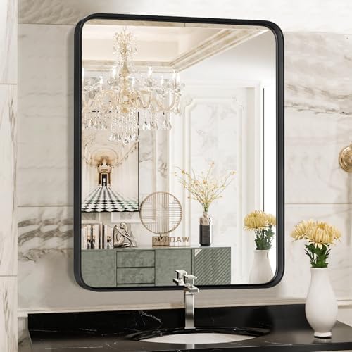 Sweetcrispy Bathroom Mirror 36x24 Inch Black Metal Framed Rounded Rectangle Vanity Mirror for Wall, Over Sink, Farmhouse, Restroom, Anti-Rust, Modern Decorative, Horizontal or Vertical Hanging