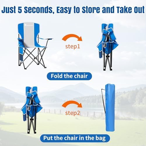 Oversized Camping Chair, High Back Camping Chairs 500 LBS Capacity, Portable Outdoor Lawn Chairs Folding with Cup Holder for Picnic, Lawn, Beach, Fishing and Sports (Bright Blue)