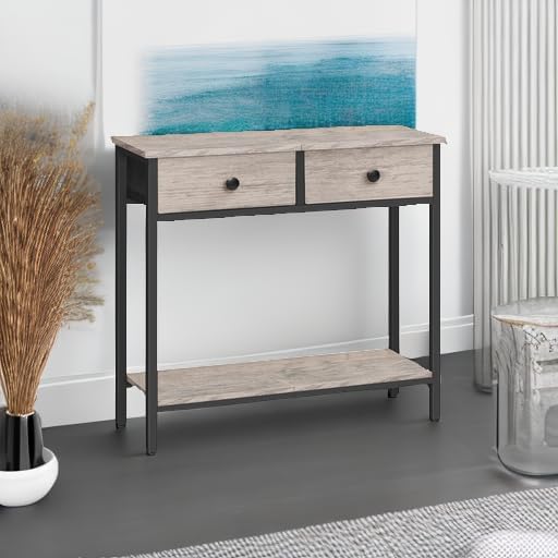 HOOBRO 29.5" Narrow Console Table with 2 Fabric Drawers, Small Entryway Table with 2-Tier Storage Shelves, Sofa Table, Behind Couch Table, for Living Room, Hallway, Greige and Black BG71XG01