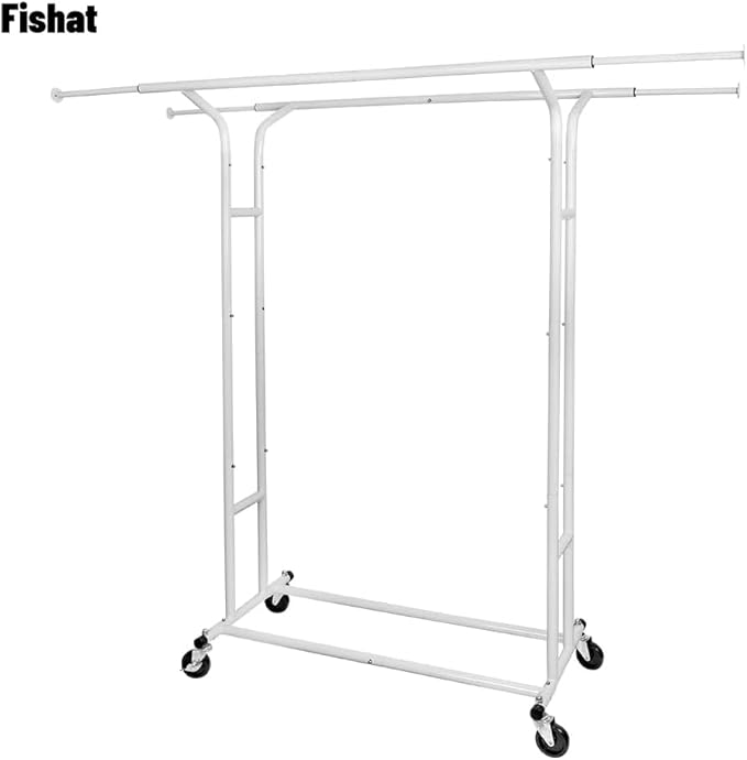 Fishat White Double Rod Garment Clothes Rack for Hanging Clothes, Rolling Organizer on Commercial Metal with Lockable Wheels Mobile Design for Coats Dresses