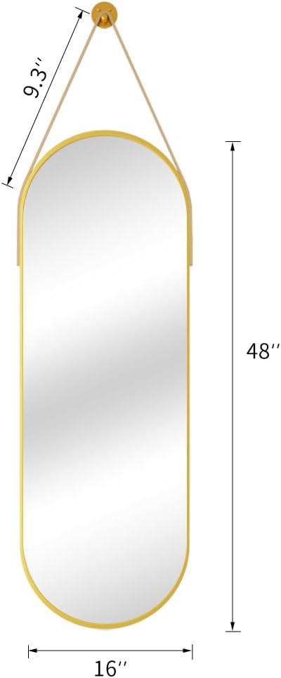 48"x16" Hanging Mirror with Leather Strap,Oval Full Length Mirror with Aluminum Frame Wall-Mounted Hanging Mirrors for Bathroom Vanity Living Room Bedroom Entryway Decor, Gold