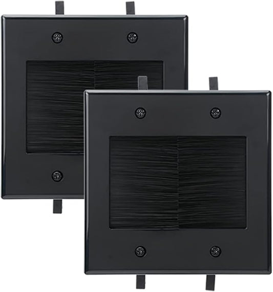 2 Gang Wall Plate, Black Brush Wall Plate with Built-in Low Voltage Mounting Bracket for Cables Pass Through in-Wall (Pack of 2)