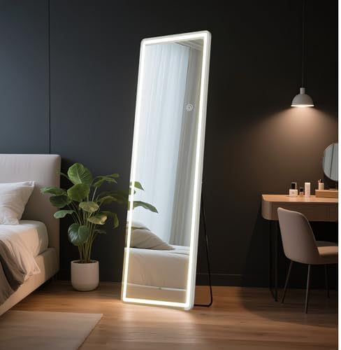 OLIXIS 16"×60" LED Full Length Mirror with Lights, Standing Lighted Floor Full Body Mirror with 3 Color Lighting, Wall Mounted Mirrors for Bedroom, Home, Entryway with Tempered Glass
