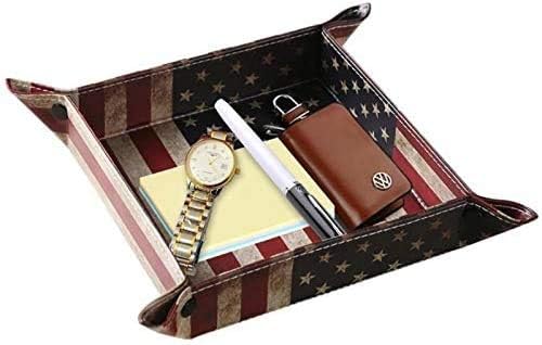 Valet Tray Desktop Storage Organizer, Vegan Leather Catchall Bedside Vanity Tray Nightstand Caddy Holder for Remote Controller, Watch, Keys, Phone, Wallet, Sunglasses, Jewelry - Flag