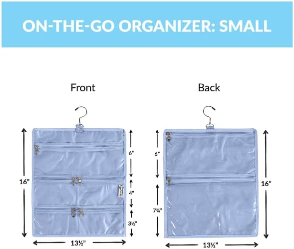 On-The-Go Organizer,7 Clear Vinyl Pockets, Hanging Travel Case for Makeup and Accessories, 13.5 x 16 inches (Hydrangea Blue, Small)