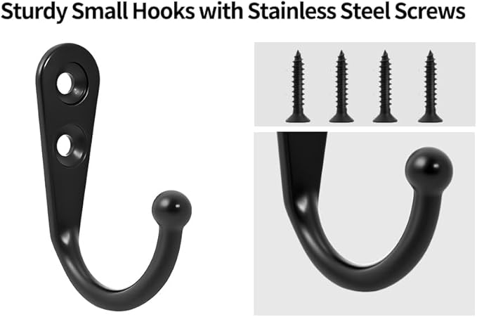20 Pcs Key Hooks Coat Hooks for Hanging, Key Holder, Wall Mount Hook with Stainless Steel Screws, Command Hooks Utility Hangers for Key, Hat, Cup, Coat, Picture (Black)