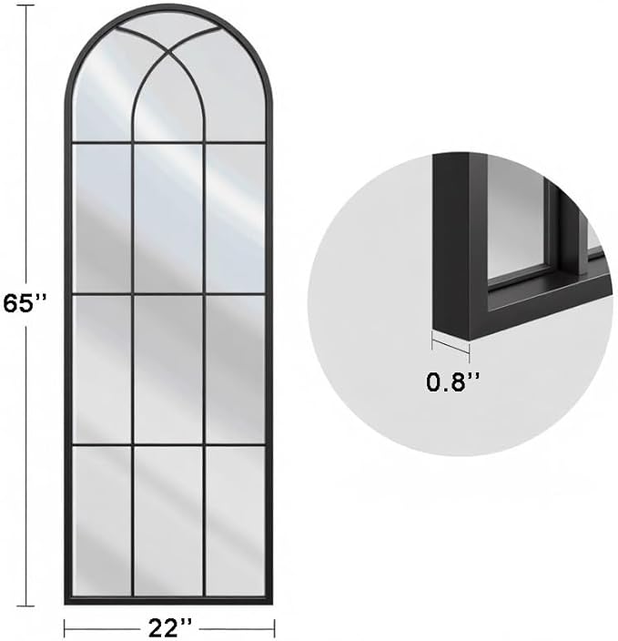 OGCAU Arched Full Length Mirror, 65"x22" Window Mirror, Floor Length Hanging or Leaning, Full Body with Iron Frame Window Pane for Bedroom Living Room (Black)