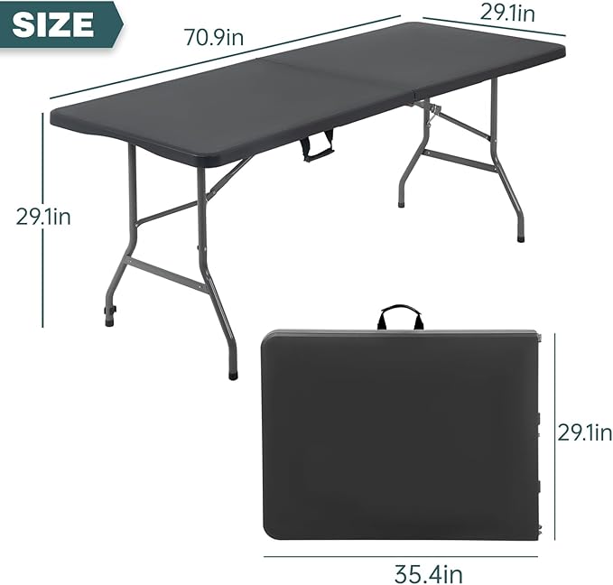 FDW 6 Foot Outdoor Dining Table, Foldable Portable Rectangular Plastic Folding Table with Built in Carrying Handle for Party and Wedding Use, Black