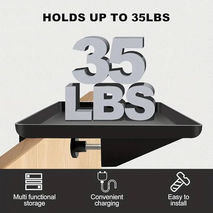 Bedside Shelf for Dorm Room Bunk Bed & Top Bunk, College Dorm Room Essentials, Bedside Caddy, Clip on Floating Desk Tray, Bed Side Table Storage, Loft Nightstand Decor - Cable Catch, Black。