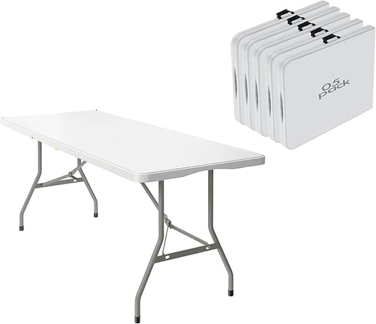 5 Pack of 6 Foot Foldable Table with Built in Handle & Steel Legs ,Heavy Duty Portable ,Perfect for Party, Dining, Wedding, Events, Picnic Indoor, Outdoor, Camping, Utility, Folding(white-5pac)