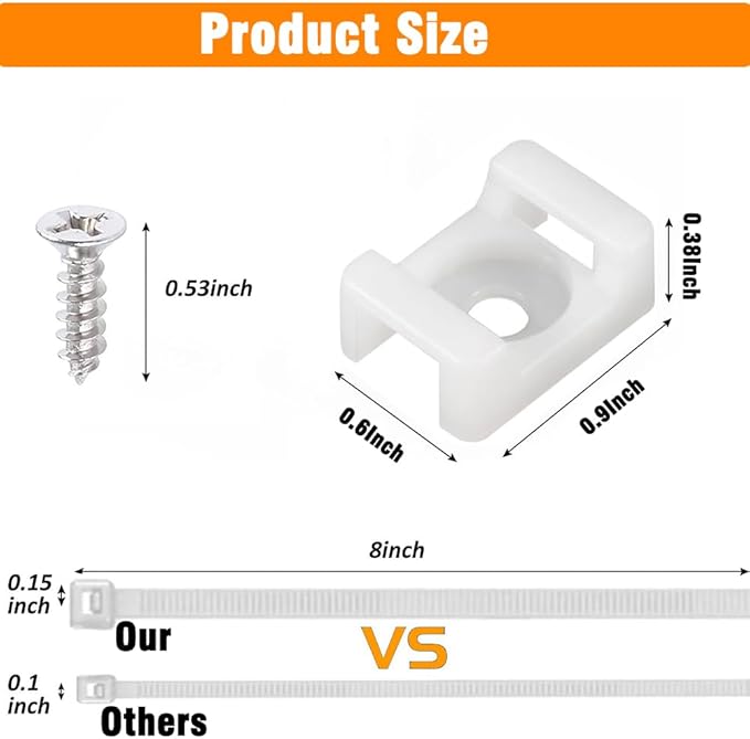 120 Set White Cable Zip Tie Mounts Kit Wire Clips Organizer Holders Clamps with 0.9Inch Saddle Type Mounts Base with 8" Ties and Tapping Screw